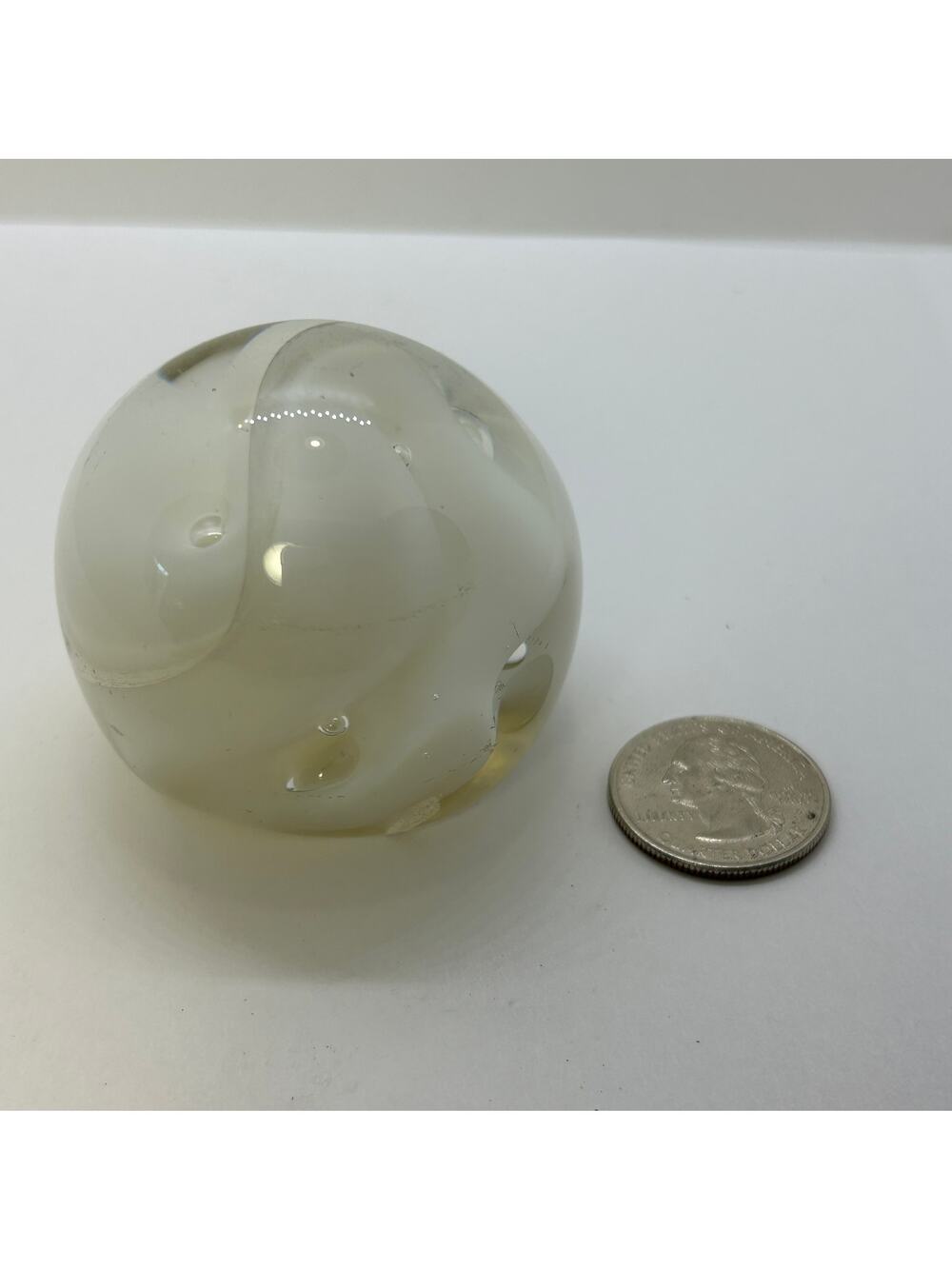 White Hand Blown Glass Paperweight with White Swirl Inside